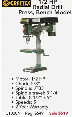 Busy Bee Tools 1/2 hp radial drill press, bench model offer