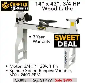 Busy Bee Tools 14" x 43", 3/4 hp wood lathe offer