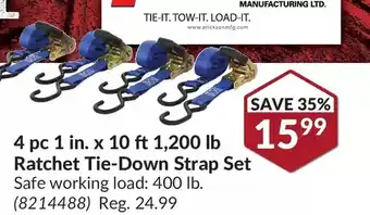 Princess Auto 4 pc 1 in. x 10 ft 1200 lb ratchet tie-down strap set offer