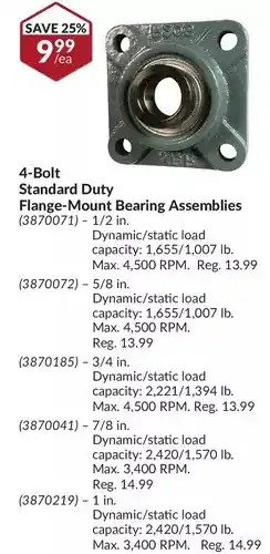 Princess Auto 4-bolt standard duty flange-mount bearing assemblies 1/2 in. | 5/8 in. | 3/4 in. | 7/8 in | 1 in. offer