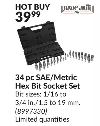 Princess Auto Mr. blacksmith 34 pc sae/metric hex bit socket set offer