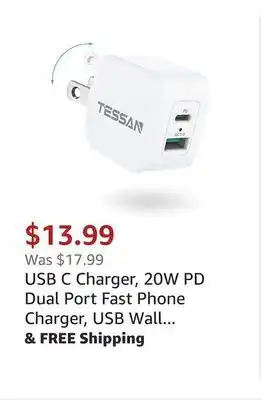 Amazon Usb c charger, 20w pd dual port fast phone charger, usb wall charger with foldable plug, tessan portable power adapter chargi offer