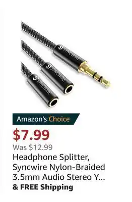 Amazon Headphone splitter, syncwire nylon-braided 3.5mm audio stereo y splitter (hi-fi sound), 3.5mm male to 2 ports 3.5mm female he offer
