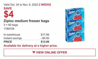 Costco Ziploc medium freezer bags offer