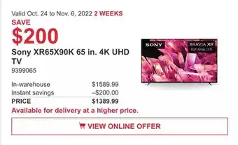 Costco Sony xr65x90k 65 in. 4k uhd tv offer