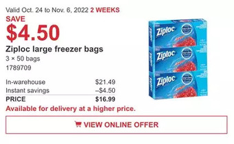 Costco Ziploc large freezer bags offer