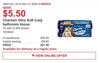 Costco Charmin ultra soft-2-ply bathroom tissue offer