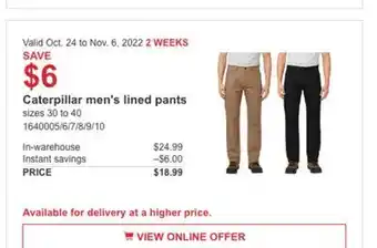 Costco Caterpillar men's lined pants offer