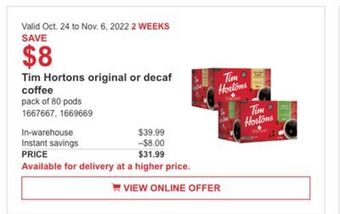 Costco Tim hortons original or decaf coffee offer