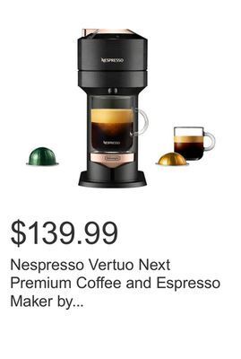 Costco Nespresso vertuo next premium coffee and espresso maker by delonghi, black rose gold offer