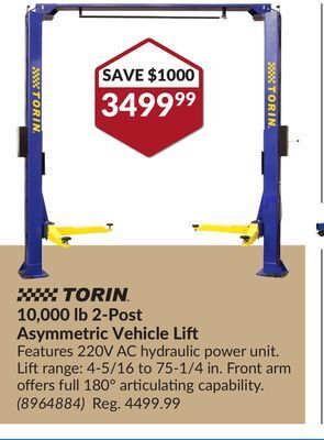 Princess Auto 10, 000 lb 2-post asymmetric vehicle lift offer