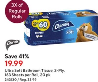 Staples Charmin ultra soft bathroom tissue, 2-ply, 183 sheets per roll, 20 pk offer