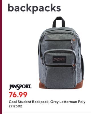 Staples Jansport cool student backpack, grey letterman poly offer