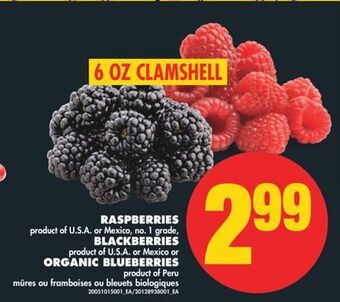 No Frills Raspberries, blackberries or organic blueberries, 6 oz clamshell offer
