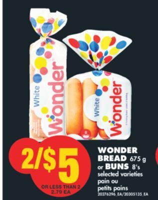 No Frills Wonder bread, 675 g or buns, 8's offer