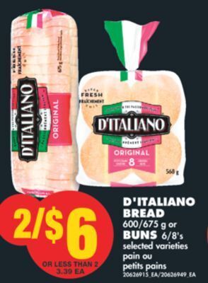 No Frills D'italiano bread, 600/675 g or buns, 6/8's offer
