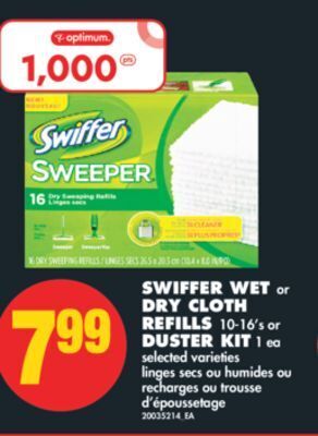 No Frills Swiffer wet or dry cloth refills, 10-16's or duster kit, 1 ea offer
