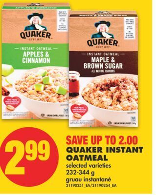 No Frills Quaker instant oatmeal, 232-344 g offer