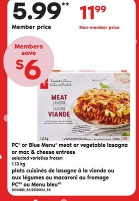 Independent Grocer Pc® or blue menu® meat or vegetable lasagna or mac & cheese entrées, 1.13 kg offer
