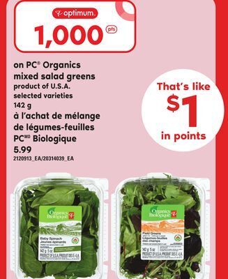 Independent Grocer Pc® organics mixed salad greens, 142 g offer