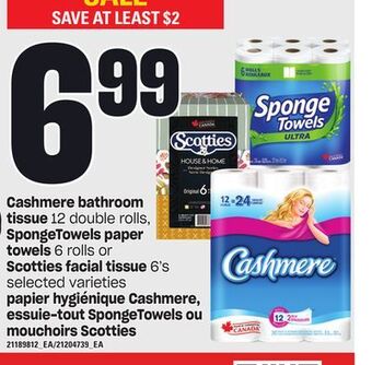 Independent Grocer Cashmere bathroom tissue, 12 double rolls, spongetowels paper towels, 6 rolls or scotties facial tissue, 6's offer