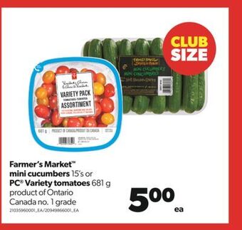 Real Canadian Superstore Farmer's market™ mini cucumbers, 15's or pc® variety tomatoes, 681 g offer