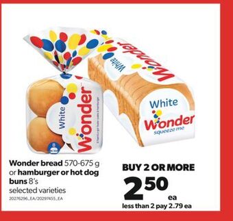 Real Canadian Superstore Wonder bread, 570-675 g or hamburger or hot dog buns, 8's offer