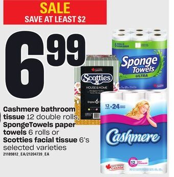 Loblaws Cashmere bathroom tissue 12 double rolls, spongetowels paper towels, 6 rolls or scotties facial tissue, 6's offer