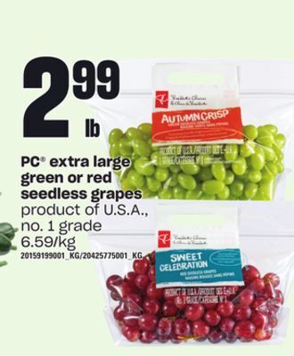 Loblaws Pc® extra large green or red seedless grapes offer