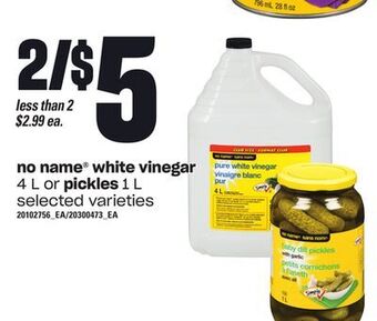 Loblaws No name® white vinegar, 4 l or pickles, 1 l offer