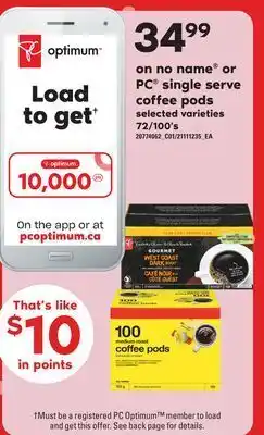 Loblaws No name® or pc® single serve coffee pods, 72/100's offer