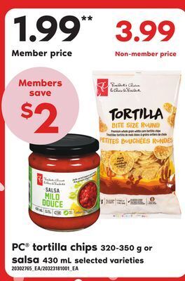 Loblaws Pc® tortilla chips, 320-350 g or salsa, 430 ml offer