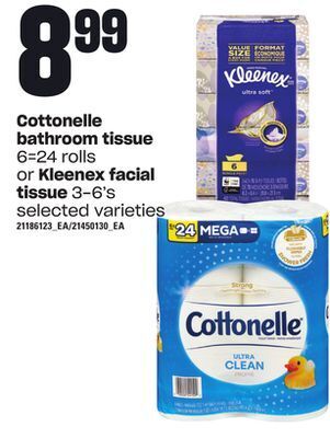Loblaws Cottonelle bathroom tissue, 6=24 rolls or kleenex facial, tissue 3-6's offer