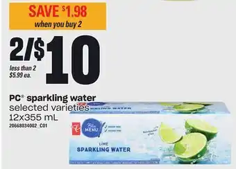 Loblaws Pc® sparkling water, 12x355 ml offer