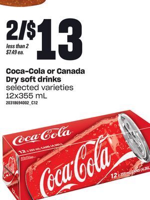 Loblaws Coca-cola or canada dry soft drinks, 12x355 ml offer