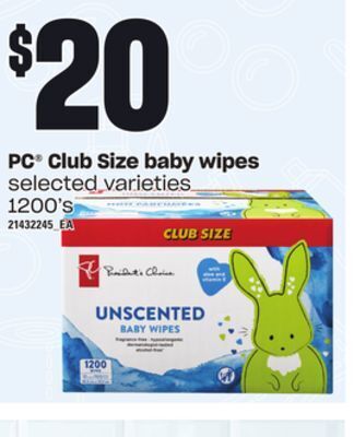 Loblaws Pc® club size baby wipes, 1200's offer