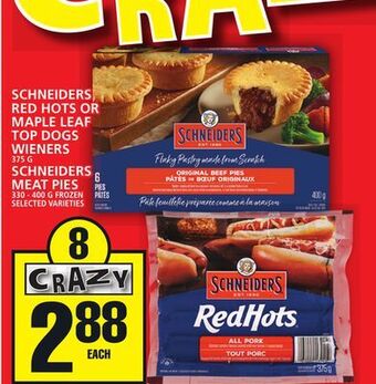 Food Basics Schneiders red hots or maple leaf top dogs wieners or schneiders meat pies offer