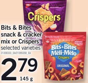 Fortinos Bits & bites snack & cracker mix or crispers, 145 g offer