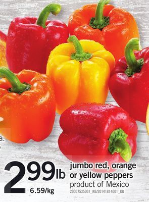 Fortinos Jumbo red, orange or yellow peppers offer
