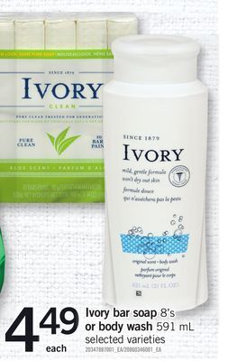 Fortinos Ivory bar soap, 8's or body wash, 591 ml offer