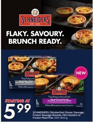 Sobeys Schneiders oktoberfest dinner sausage, frozen sausage rounds, mini sizzlers or frozen meat pies offer