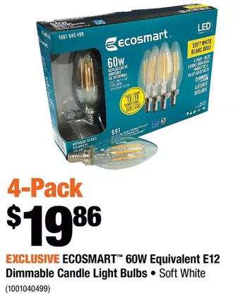Home Depot Ecosmart 60w equivalent e12 dimmable candle light bulbs offer