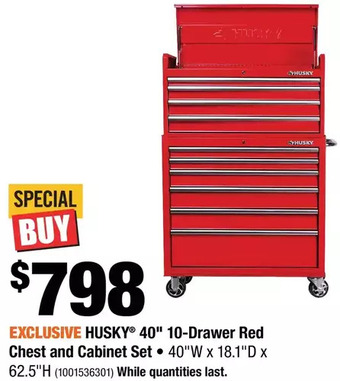 Home Depot Husky 40" 10-drawer red chest and cabinet set offer