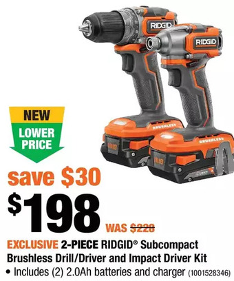 Home Depot 2-piece ridgid subcompact brushless drill/driver and impact driver kit offer