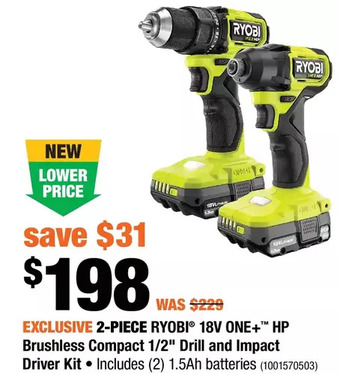 Home Depot 2-piece ryobi 18v one+ hp brushless compact 1/2" drill and impact driver kit offer