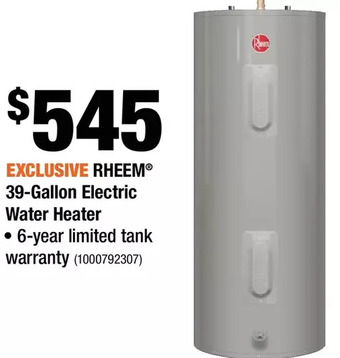 Home Depot Rheem 39-gallon electric water heater offer