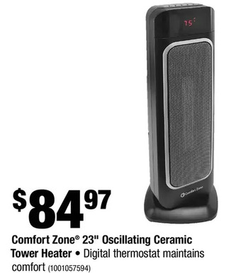 Home Depot Comfort zone 23" oscillating ceramic tower heater offer