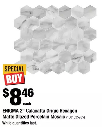 Home Depot Enigma 2" calacatta grigio hexagon matte glazed porcelain mosaic offer