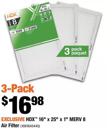 Home Depot Hdx 16" x 25" x 1" merv 8 air filter offer
