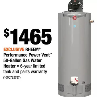 Home Depot Rheem performance power vent 50-gallon gas water heater offer